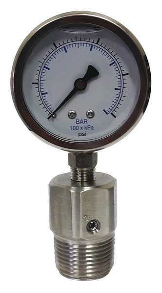 Pressure Gauge, 0 to 1000 psi, 1 in MNPT, Stainless Steel, Silver