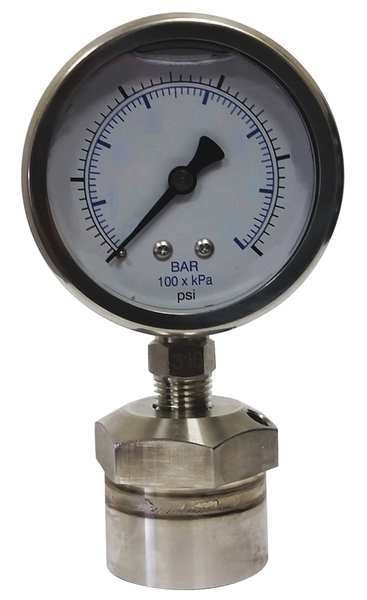 Pressure Gauge, 0 to 100 psi, 1/2 in FNPT, Stainless Steel, Silver