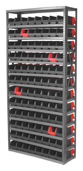 Steel Bin Shelving, 36 in W x 79 in H x 12 in D, 13 Shelves, Gray/Black/Red