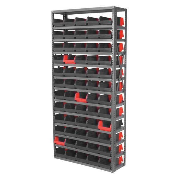 Steel Bin Shelving, 36 in W x 79 in H x 12 in D, 13 Shelves, Gray/Black/Red