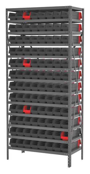 Steel Bin Shelving, 36 in W x 79 in H x 18 in D, 13 Shelves, Gray/Black/Red