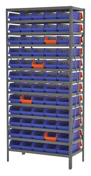 Steel Bin Shelving, 36 in W x 79 in H x 18 in D, 13 Shelves, Gray/Blue/Orange
