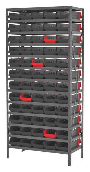 Steel Bin Shelving, 36 in W x 79 in H x 18 in D, 13 Shelves, Gray/Black/Red