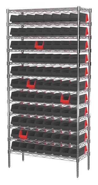 Steel Wire Bin Shelving, 36 in W x 74 in H x 14 in D, 12 Shelves, Silver/Black/Red