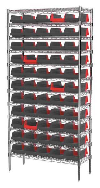 Steel Wire Bin Shelving, 36 in W x 74 in H x 14 in D, 12 Shelves, Silver/Black/Red