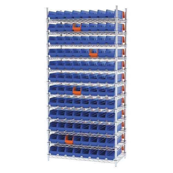 Steel Wire Bin Shelving, 36 in W x 74 in H x 18 in D, 12 Shelves, Silver/Blue/Orange