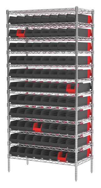 Steel Wire Bin Shelving, 36 in W x 74 in H x 18 in D, 12 Shelves, Silver/Black/Red