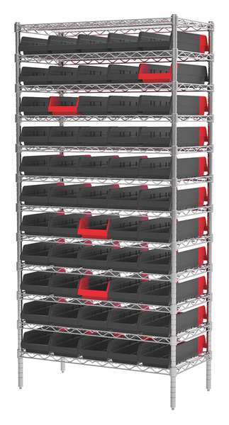 Steel Wire Bin Shelving, 36 in W x 74 in H x 18 in D, 12 Shelves, Silver/Black/Red