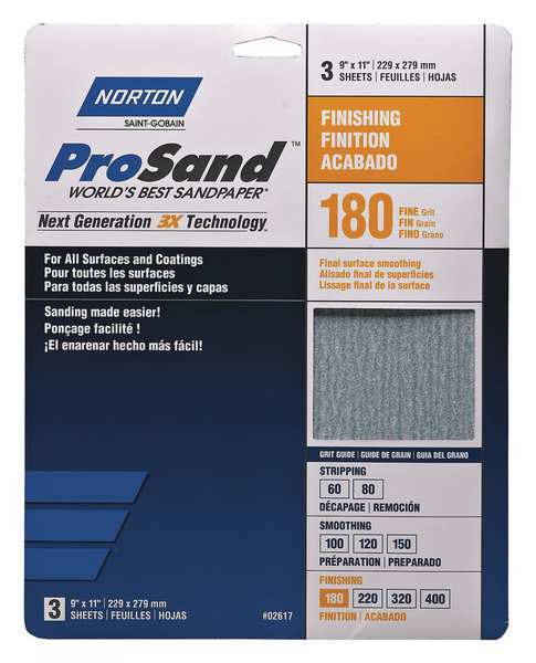 Sandpaper Sheet, Fine, 180 Grit, PK3