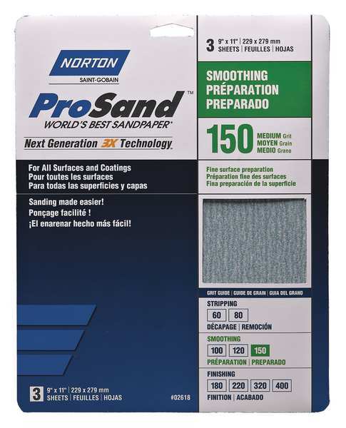 Sandpaper Sheet, Fine, 150 Grit, PK3