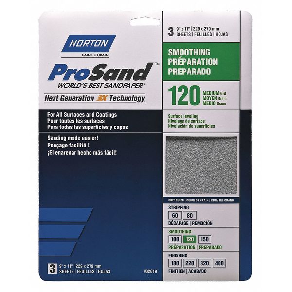 Sandpaper Sheet, Fine, 120 Grit, PK3