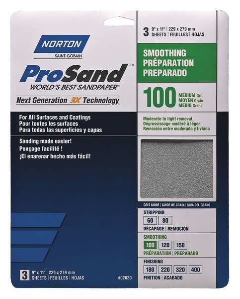 Sandpaper Sheet, Fine, 100 Grit, PK3