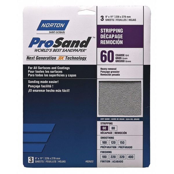 Sandpaper Sheet, Med, 60 Grit, PK3