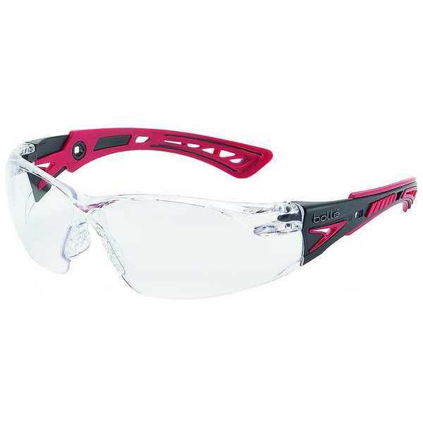 Safety Glasses, Rush+ Series, Anti-Fog, Frameless, Black/Red Temple, Clear Lens