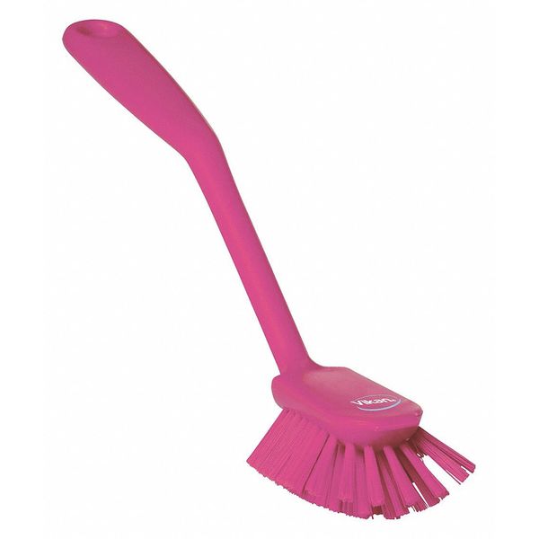 2 25/64 in W Dish Brush, Medium, 8 in L Handle, 3 1/8 in L Brush, Pink, Plastic, 10 1/2 in L Overall