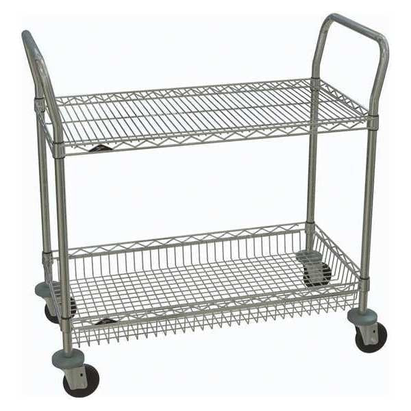 Steel Utility Cart with Deep & Shallow Lipped Wire Shelves, (2) Raised, 2 Shelves, 375 lb