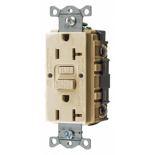 GFCI Receptacle: Duplex, 1 Phase, NEMA 5-20R, 125V AC, 20 A, 2 Poles, Screw Terminals, Ivory