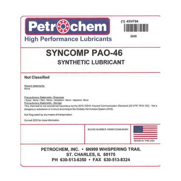 Compressor Oil, 5gal, Pail, Polyalphaolefin