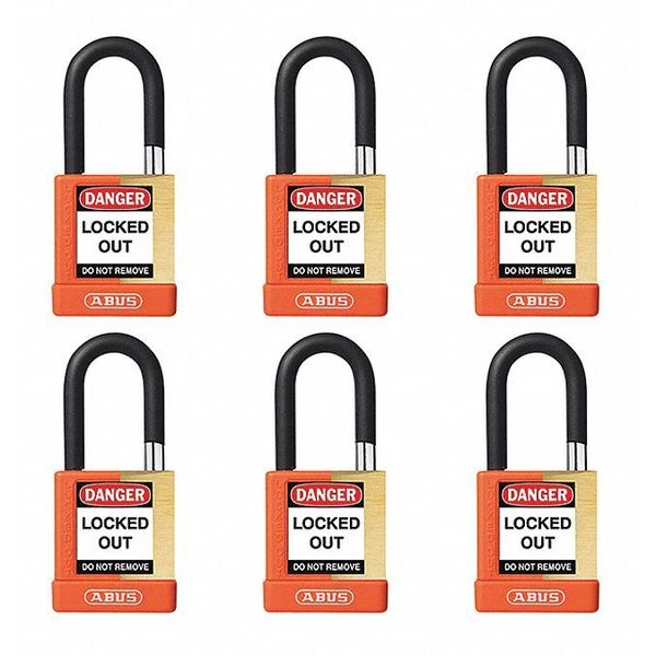 Keyed Padlock, Open, Rectangular Brass Body, Plastic Encased Hardened Steel Shackle, 3/4 in W