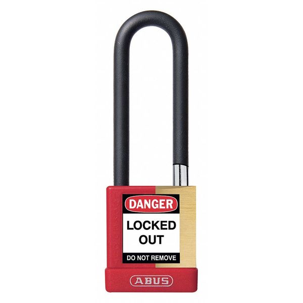 Keyed Padlock, Open, Rectangular Brass Body, Plastic Encased Hardened Steel Shackle, 3/4 in W