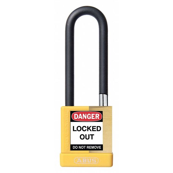 Keyed Padlock, Open, Rectangular Brass Body, Plastic Encased Hardened Steel Shackle, 3/4 in W