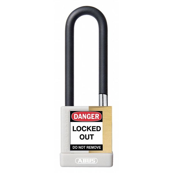 Keyed Padlock, Open, Rectangular Brass Body, Plastic Encased Hardened Steel Shackle, 3/4 in W