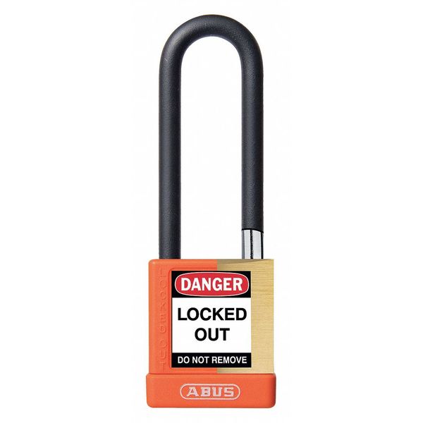 Keyed Padlock, Open, Rectangular Brass Body, Plastic Encased Hardened Steel Shackle, 3/4 in W