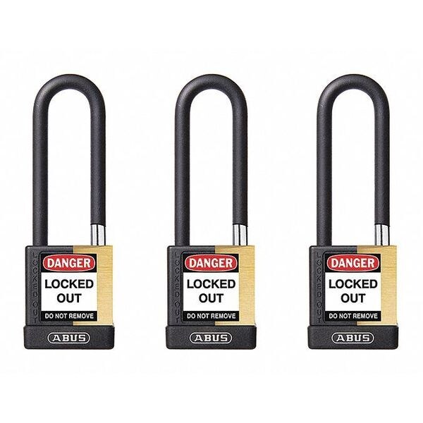 Keyed Padlock, Open, Rectangular Brass Body, Plastic Encased Hardened Steel Shackle, 3/4 in W