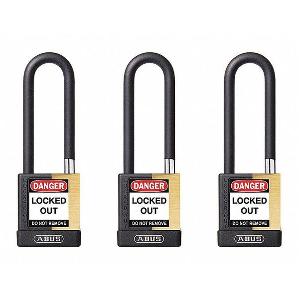 Keyed Padlock, Open, Rectangular Brass Body, Plastic Encased Hardened Steel Shackle, 3/4 in W