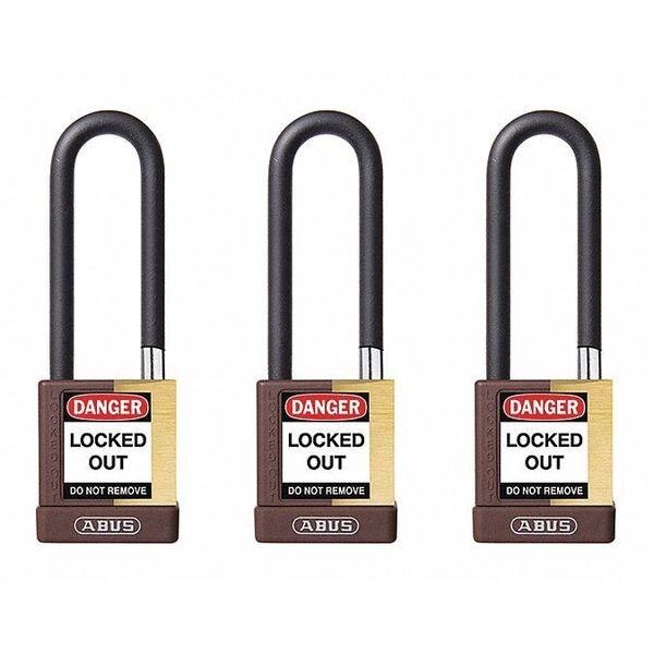 Keyed Padlock, Open, Rectangular Brass Body, Plastic Encased Hardened Steel Shackle, 3/4 in W