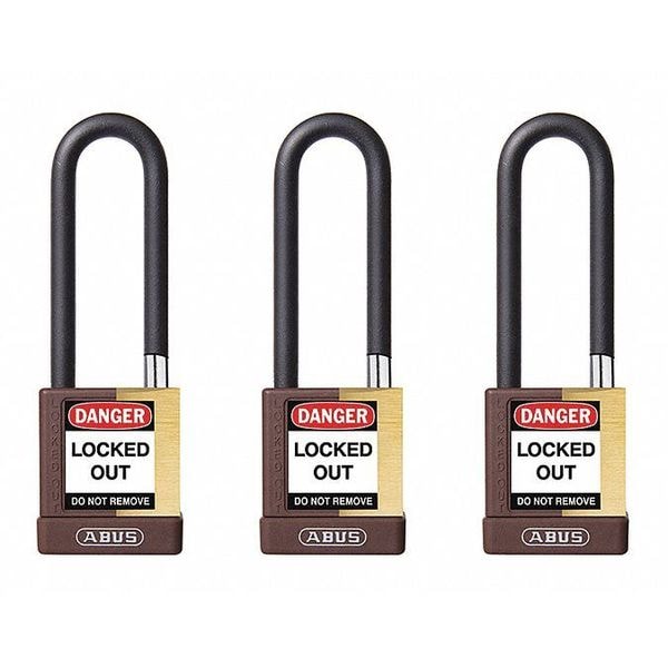 Keyed Padlock, Open, Rectangular Brass Body, Plastic Encased Hardened Steel Shackle, 3/4 in W