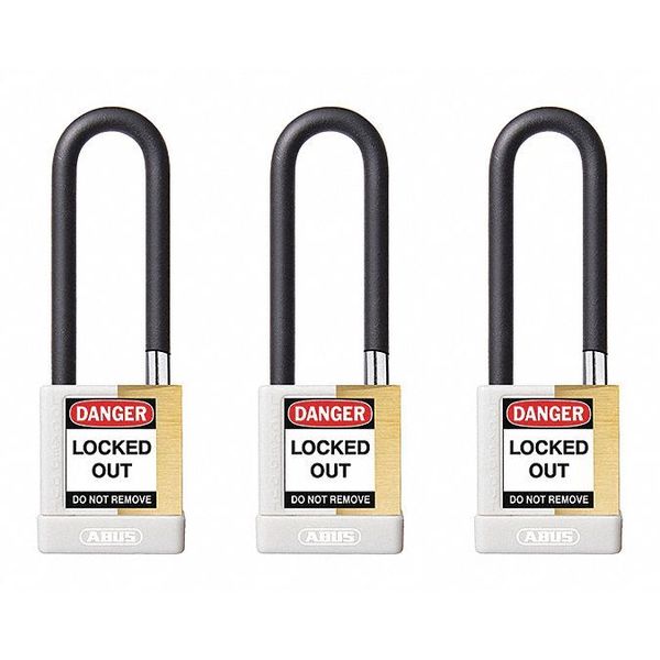 Keyed Padlock, Open, Rectangular Brass Body, Plastic Encased Hardened Steel Shackle, 3/4 in W