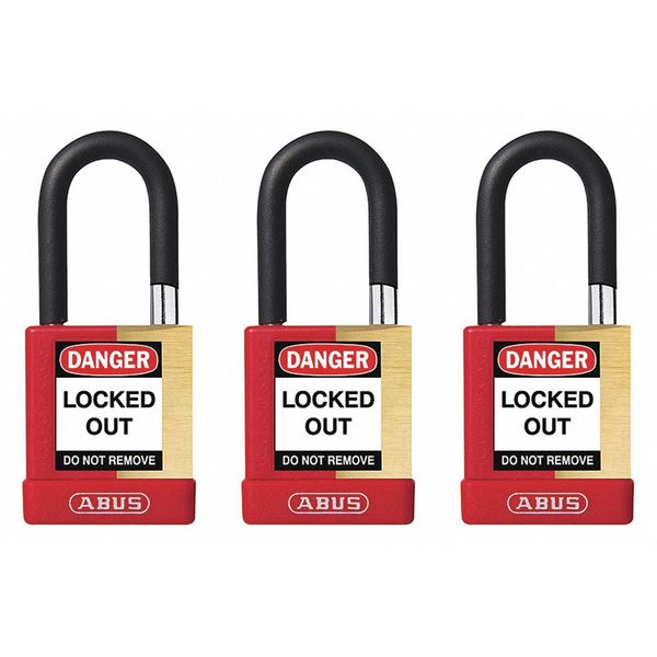 Keyed Padlock, Open, Rectangular Brass Body, Plastic Encased Hardened Steel Shackle, 3/4 in W
