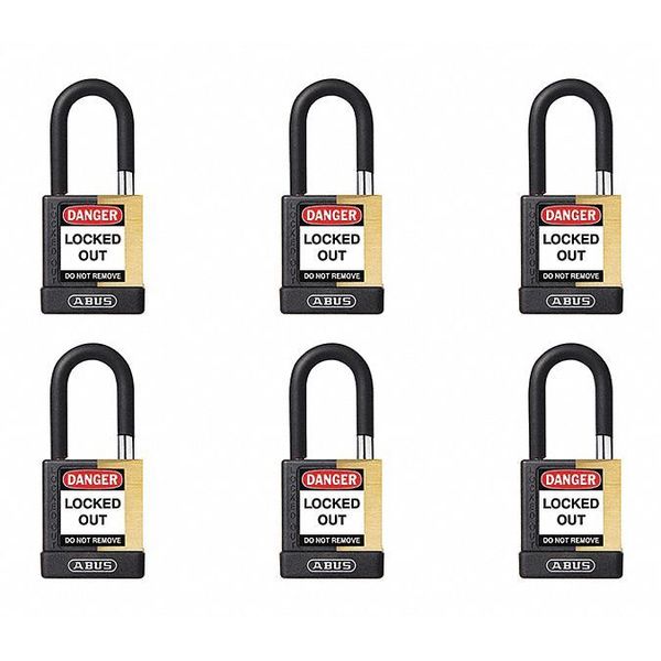 Keyed Padlock, Open, Rectangular Brass Body, Plastic Encased Hardened Steel Shackle, 3/4 in W