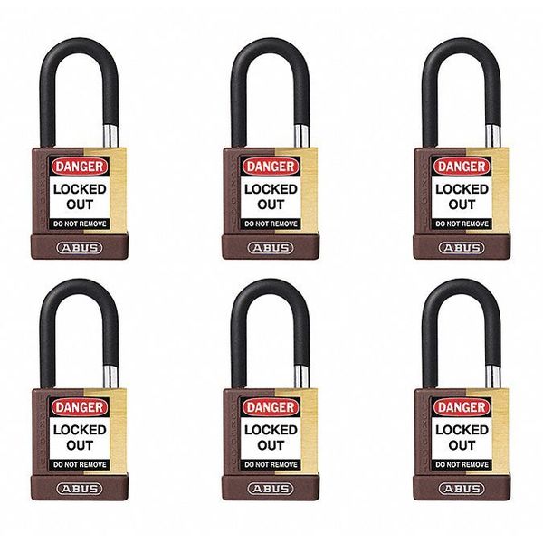 Keyed Padlock, Open, Rectangular Brass Body, Plastic Encased Hardened Steel Shackle, 3/4 in W