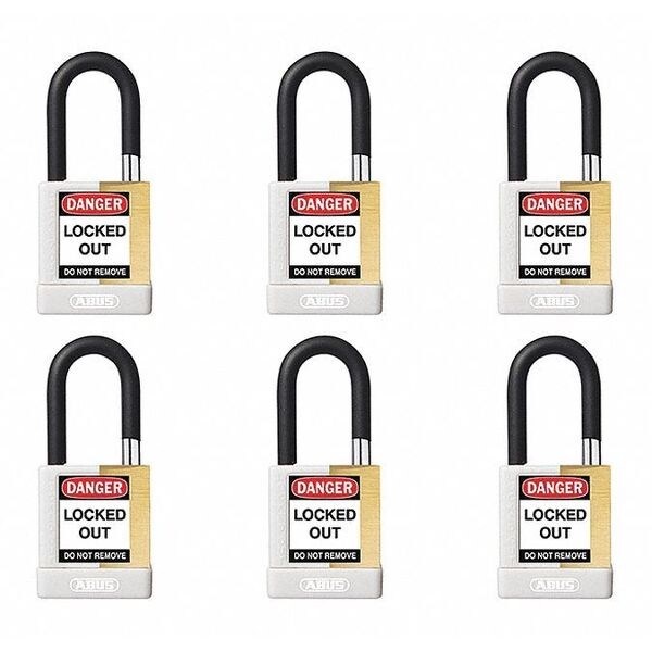 Keyed Padlock, Open, Rectangular Brass Body, Plastic Encased Hardened Steel Shackle, 3/4 in W