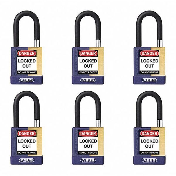 Keyed Padlock, Open, Rectangular Brass Body, Plastic Encased Hardened Steel Shackle, 3/4 in W
