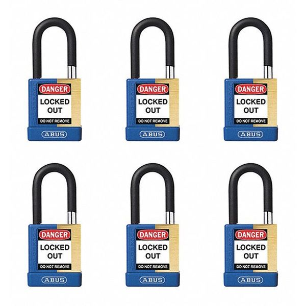 Keyed Padlock, Open, Rectangular Brass Body, Plastic Encased Hardened Steel Shackle, 3/4 in W