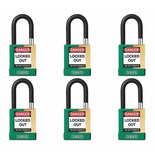 Keyed Padlock, Open, Rectangular Brass Body, Plastic Encased Hardened Steel Shackle, 3/4 in W