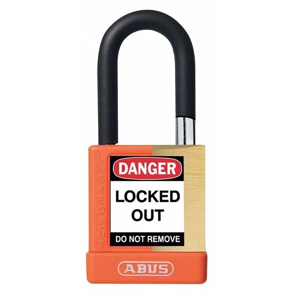 Keyed Padlock, Open, Rectangular Brass Body, Plastic Encased Hardened Steel Shackle, 3/4 in W