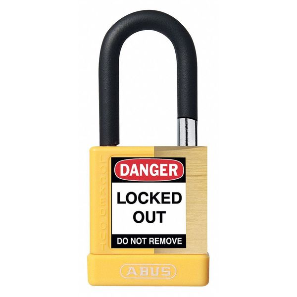 Keyed Padlock, Open, Rectangular Brass Body, Plastic Encased Hardened Steel Shackle, 3/4 in W