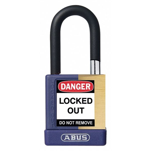 Keyed Padlock, Open, Rectangular Brass Body, Plastic Encased Hardened Steel Shackle, 3/4 in W