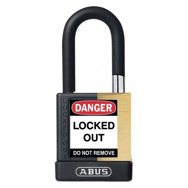 Keyed Padlock, Open, Rectangular Brass Body, Plastic Encased Hardened Steel Shackle, 3/4 in W