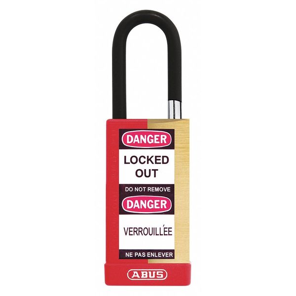 Keyed Padlock, Open, Rectangular Brass Body, Plastic Encased Hardened Steel Shackle, 3/4 in W