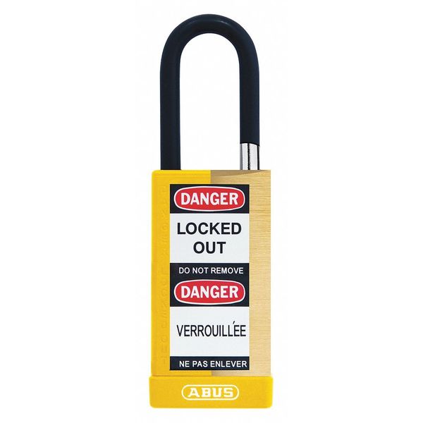 Keyed Padlock, Open, Rectangular Brass Body, Plastic Encased Hardened Steel Shackle, 3/4 in W