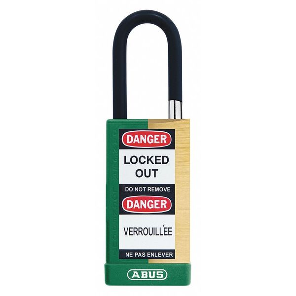 Keyed Padlock, Open, Rectangular Brass Body, Plastic Encased Hardened Steel Shackle, 3/4 in W