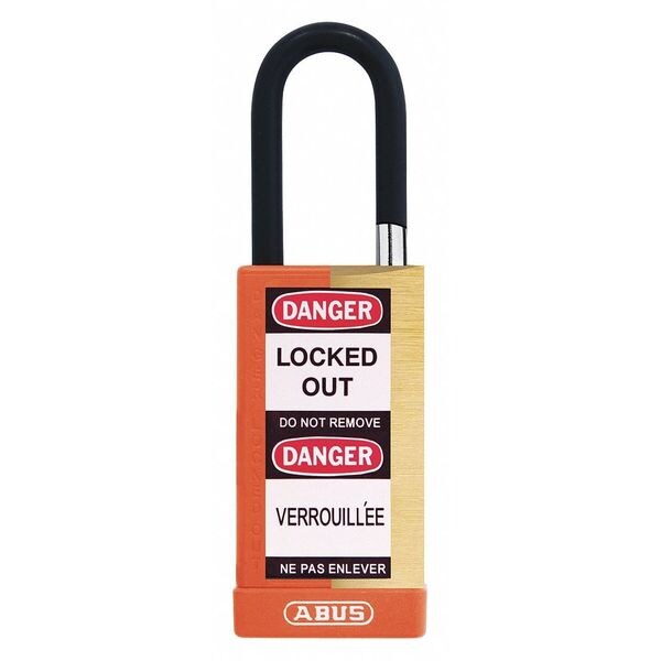 Keyed Padlock, Open, Rectangular Brass Body, Plastic Encased Hardened Steel Shackle, 3/4 in W