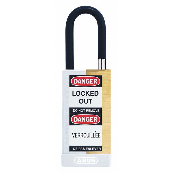 Keyed Padlock, Open, Rectangular Brass Body, Plastic Encased Hardened Steel Shackle, 3/4 in W
