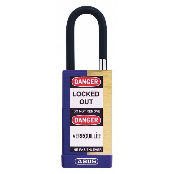 Keyed Padlock, Open, Rectangular Brass Body, Plastic Encased Hardened Steel Shackle, 3/4 in W