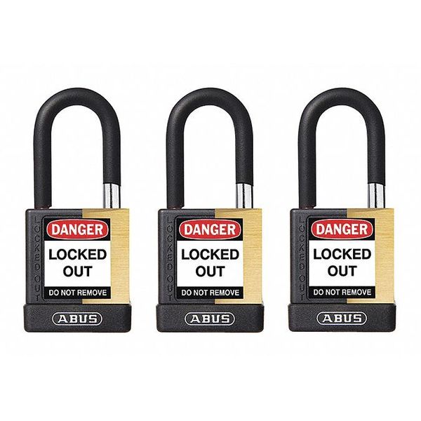 Keyed Padlock, Open, Rectangular Brass Body, Plastic Encased Hardened Steel Shackle, 3/4 in W